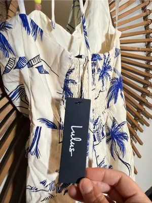 Lulus Inina Ivory & Blue Print Asymm Halter Printed Mini Dress Vacation Resort Beach thumbnail 12