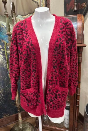 Women's seven forty two Red Black Leopard Print Cardigan M thumbnail 1