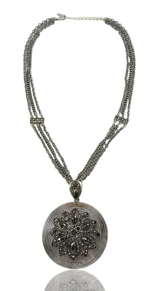 Unique Vintage Silver-Tone Filigree Medallion Necklace with Black Stones thumbnail 1