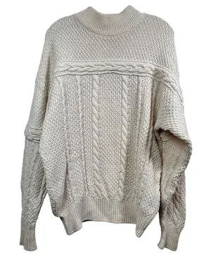 Cream Cable Knit Mock Neck Sweater Oversized Chunky Textured Pullover Ivory thumbnail 1