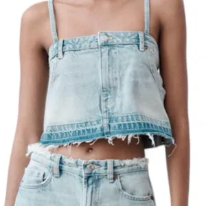 ZARA TRF‎ DENIM SKIRT EFFECT CROP JEAN TOP Sz XS thumbnail 1