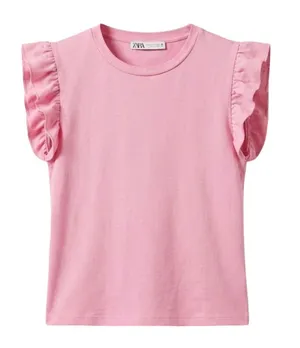 Zara solid pink ruffle short sleeve coquette elevated basic Barbie ballet top M thumbnail 1