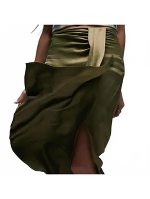 Topshop Ruched Front Vent Satin Maxi Skirt Sarong Skirt NWT Green Size 2 thumbnail 3