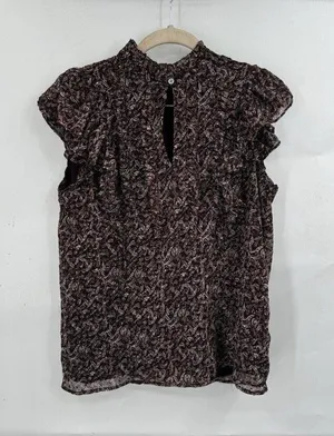 Loft Blouse Women Small Burgundy Floral Ruffle Peasant Cottagecore Prairie Ditsy thumbnail 1
