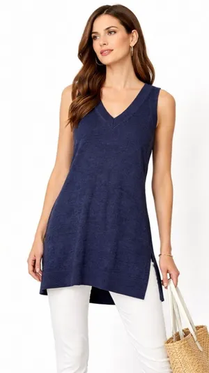 Anthropologie Desmond Navy Tunic Sweater Vest Linen Blend Side Slit Longline S thumbnail 1