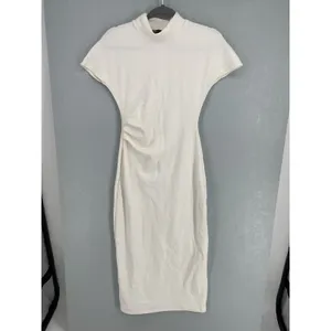 Zara Women Midi Dress White Ruched Mock Neck Cap Sleeve Medium thumbnail 2