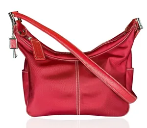 NWOT Fossil Shoulder Bag Red Nylon Multi Pocket‎ Key Charm Leather Strap thumbnail 1