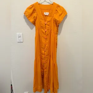ANTHROPOLOGIE Flutter Sleeve Button Front‎ Midi Dress Orange thumbnail 3