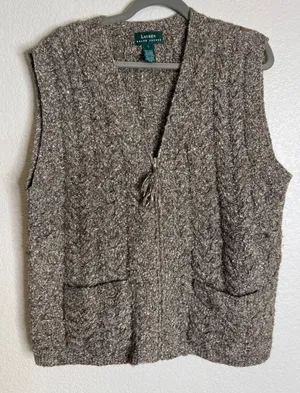 Ralph Lauren LRL Women L Sweater Vest Brown Wool Silk Cable Knit Full Zip Rustic thumbnail 1