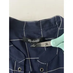 Madewell Silk Lace-up Shirt Blouse Windowpane Plaid Navy White Size Small thumbnail 5