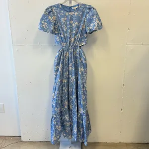 WAYF Plaza Cutout Puff Sleeve Cottagecore Floral Tiered Maxi Dress Blue White Sm thumbnail 2