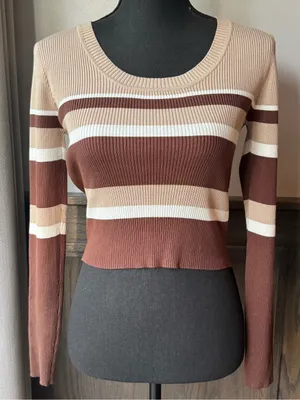 The Slope Striped Scoop-Neck Ribbed Sweater in Brown, Cream & Tan medium thumbnail 1