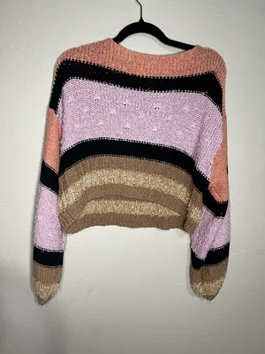 Urban Outfitters Beau Boat neck Striped Colorblock‎ Knit Textured Ballon Sleeve Crop Sweater thumbnail 10