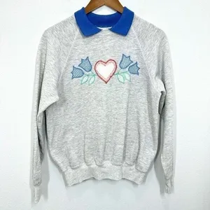 Lee Vintage 80s Collared Grannycore Sweater Grey Hearts & Tulips Embroidered Size L thumbnail 2