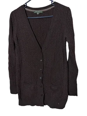 Eddie Bauer Womens Brown Cable Knit V-Neck Button Front Cardigan Sweater MT thumbnail 1