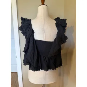 Free People Black Ruffle Smocked Back Crop Top Frayed Edge Boho Gauze Small thumbnail 2