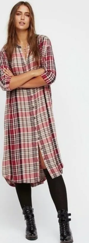 Free People Loralei Plaid Shirt Dress Tunic Red Pink Western Festive Size XS thumbnail 1