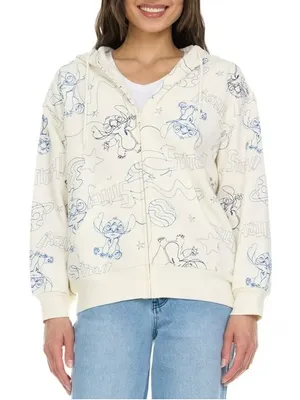 Disney Lilo & Stitch Full Zip Hoodie Cream Blue Graphic Print Women’s S thumbnail 1