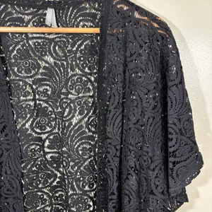 Vanity Y2K Black Lace Cover-Up Kimono with Fringe Size L thumbnail 2