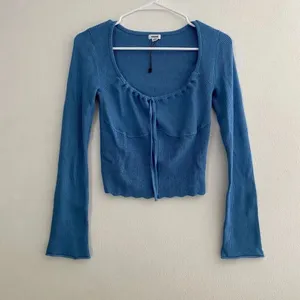 Garage Blue Ribbed Tie Front Long Sleeve Crop Top Size Medium Y2K Coquette thumbnail 2