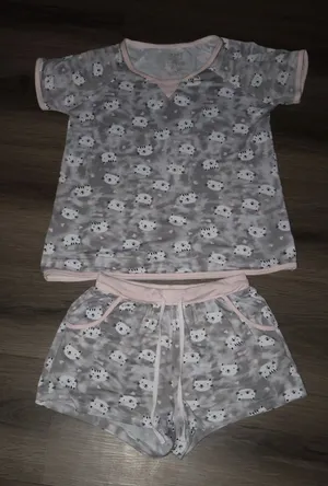 womens Grey Cat Print Short Sleeve Pajama & Shorts Set small thumbnail 1