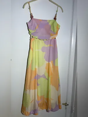 Amur Pastel Floral Midi Dress with Beaded Waist Straps - Yellow Green thumbnail 12