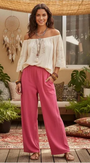 Oh My Gauze Casual Pants Size S/M Pink Cotton Elastic Waist Boho Lagenlook NWT thumbnail 1