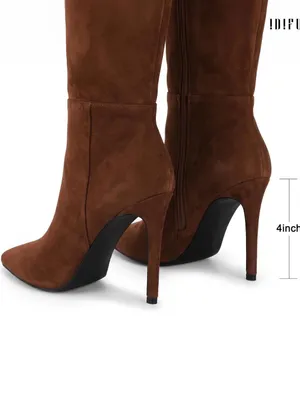 Chocolate Knee High Pointed Toe Stiletto Heel Tall Sexy Faux Suede Boots IDIFU thumbnail 3