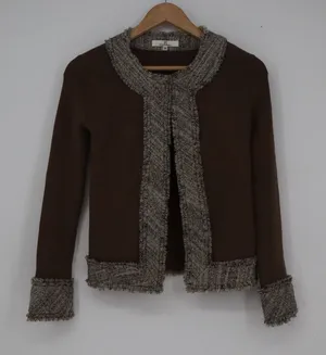 Just Miss Brown Ribbed Open Front Cardigan Tweed Trim Fringed Size 36 Small thumbnail 1
