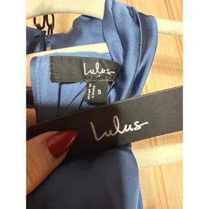 NWT Lulus Distinctive Charm Slate Blue Satin Asymmetrical Midi Dress Wedding S thumbnail 7