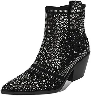 ISNOM Rhinestone Studded Cowboy Boot Black Women's Size 6 36 Shoes COUNTRY thumbnail 1