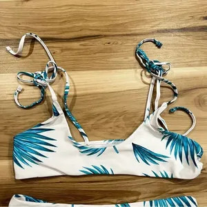 White and Blue Tropical Leaves Two Piece Bikini Women’s Small thumbnail 3