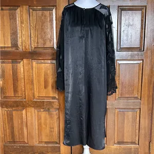 Vtg Natori Black Satin‎ Lounger Gown Sheer Floral Lace Sleeves Small S7207G 90s thumbnail 2