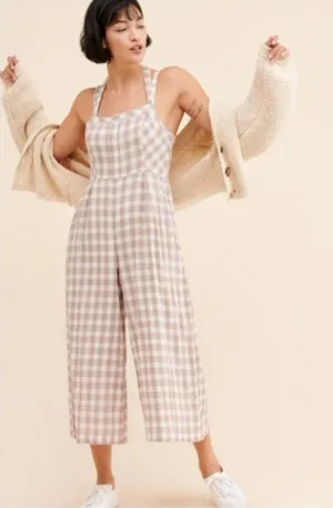 Free People Zuzu Seersucker Wide Leg Crop Jumpsuit Natural Gingham Cottagecore thumbnail 1