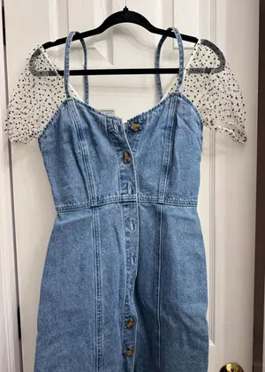 Missguided denim dress with lace sleeves thumbnail 1