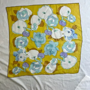 vintage yellow blue white floral scarf square poly chiffon thumbnail 5