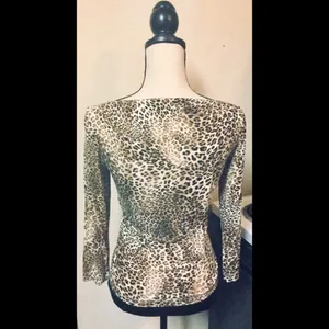 Cheetah Print Fitted Top Blouse: Stretch, 3/4 Sleeves, High Boat Neck, Sz. S thumbnail 2
