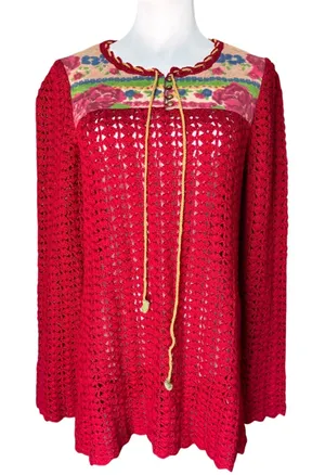 Free People Red Crochet Wool Tunic Top Floral Quilted Yoke Sz M Cottagecore Boho thumbnail 1