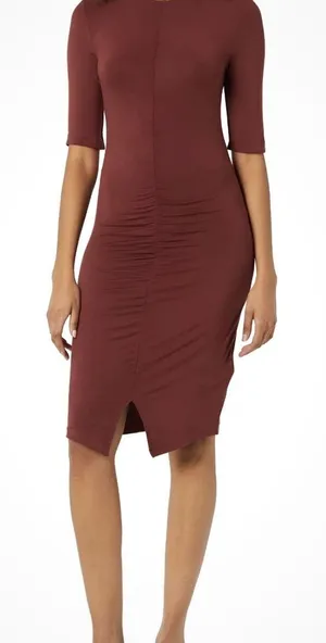 Daily Ritual Ruched Jersey Knit Dress M Half Sleeve Casual Brown Bodycon Stretch thumbnail 1