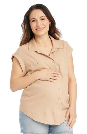 NWT Isabel Maternity By Ingrid & Isabel Button-Up Maternity Shirt Taupe Brown XS thumbnail 1