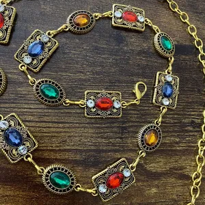 Women's Gold Colorful Jewel Chain Belt, Fits 26-43 Inches, X7GA1396 thumbnail 6