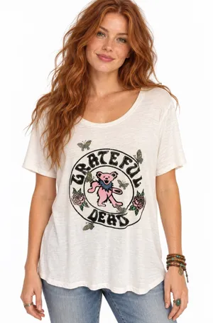 Grateful Dead Lucky Brand Dancing Bear Roses Flocked Graphic Tee XL thumbnail 1