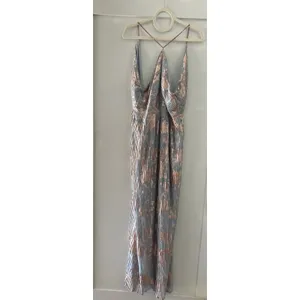 Adrianna Papell Pleated Foil Dress‎ Size 12 Blue Slate Multi Full Length Maxi thumbnail 2