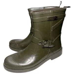 Coach Women’s Size 9 Fatigue Army Green Lester Shiny Rubber Rain Water Boots thumbnail 1