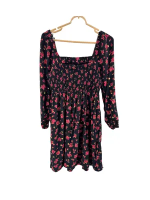 Old Navy Black Long-Sleeve Floral Square-Neck Dress smocked L dark romance thumbnail 2