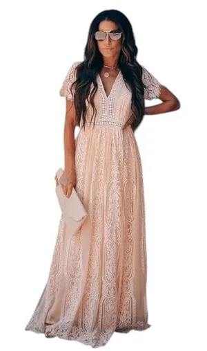 Peachy Pink Lace Formal Maxi Dress Size 2X Pink Formal Wedding Guest Dress thumbnail 1
