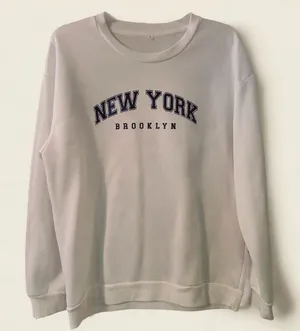 SHEIN Women’s White “New York Brooklyn” Fleece Long Sleeve Pullover Sweatshirt thumbnail 1