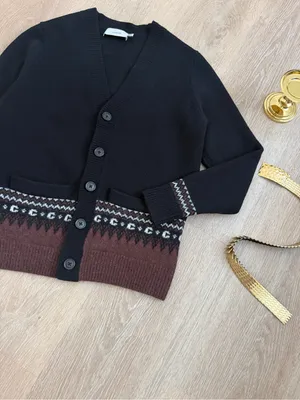 Coach Oversized Fair Isle Wool Alpaca Cardigan Black Brown Signature C thumbnail 3