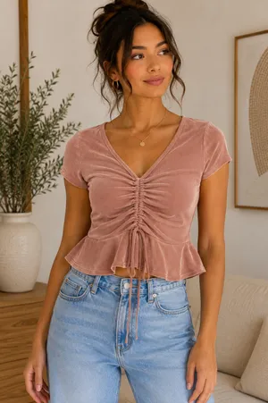 O’Delilah Dusty Rose Ruched Peplum Velvet Top | Size Large thumbnail 1