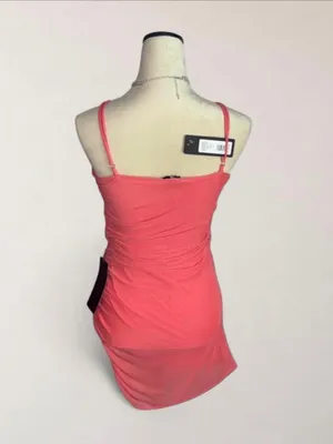 Bebe Coral Ruched Power Mesh Bodycon Mini Dress Size M Made in USA thumbnail 4